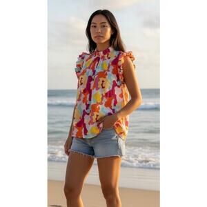 Jude Connally Ruffle Sleeve Top Multicolor Floral Resort Blouse S NWOT